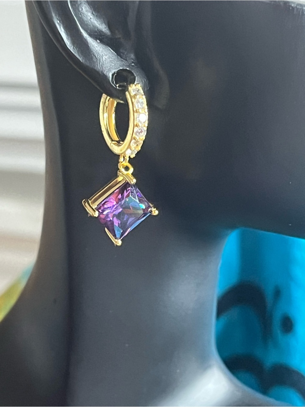 Gold Over 925 Sterling Silver Natural Gemstone CZ Huggie Drop Earrings